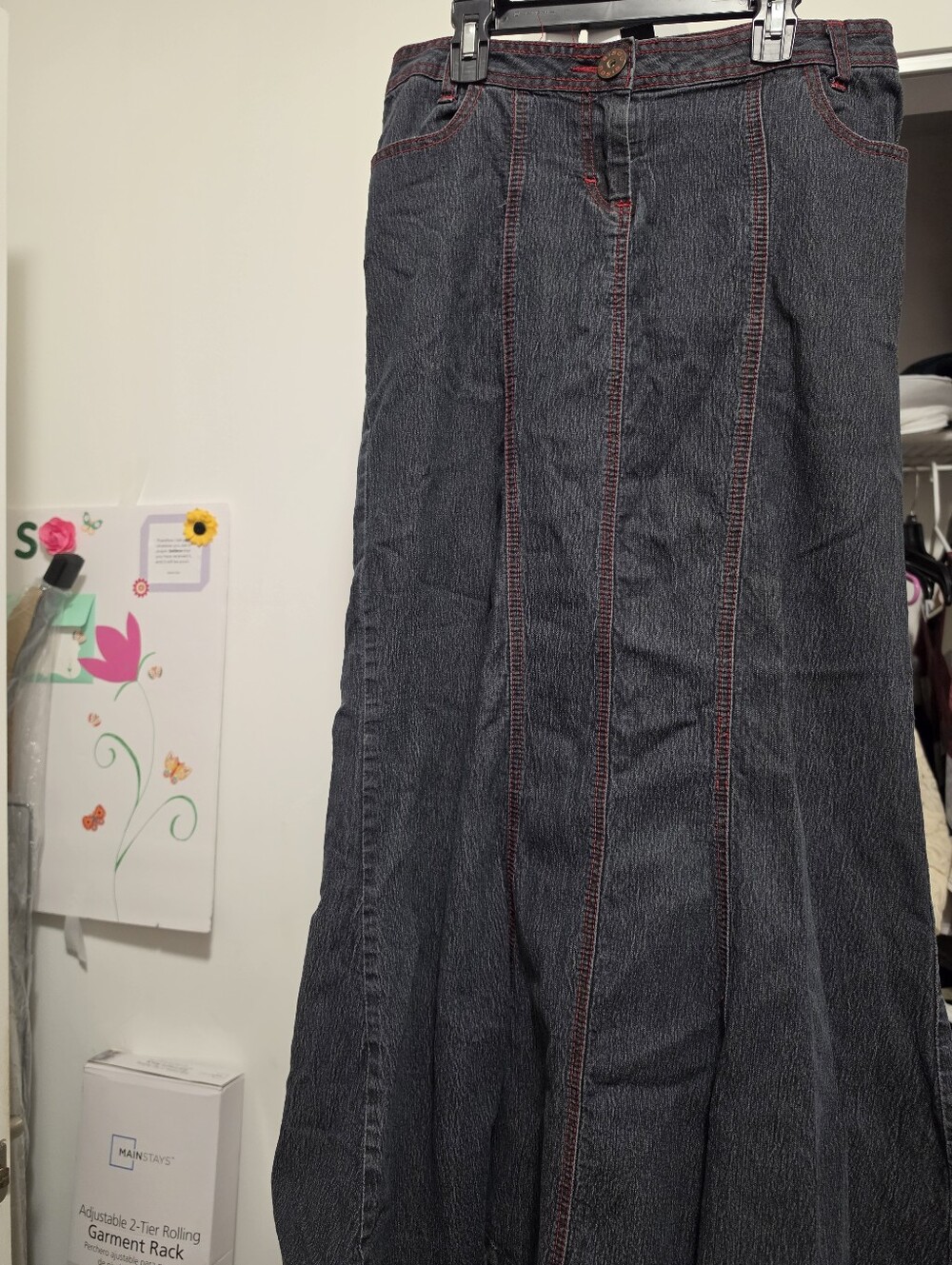 Mermaid Style Black Flared Denim Skirt with Red Stitching